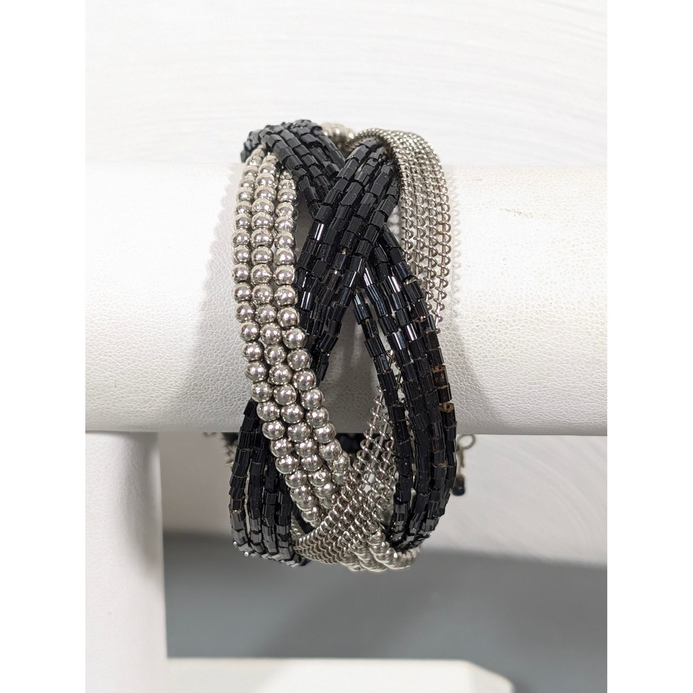 Black Silver Beaded Braided Cuff‎ Bracelet Wide Stretch 8"